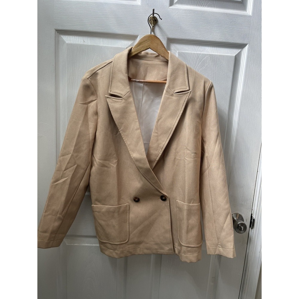 Women's Boutique Tan Woven White Lined Buttoned Lapel Collar Blazer with Pockets - Picture 2 of 6